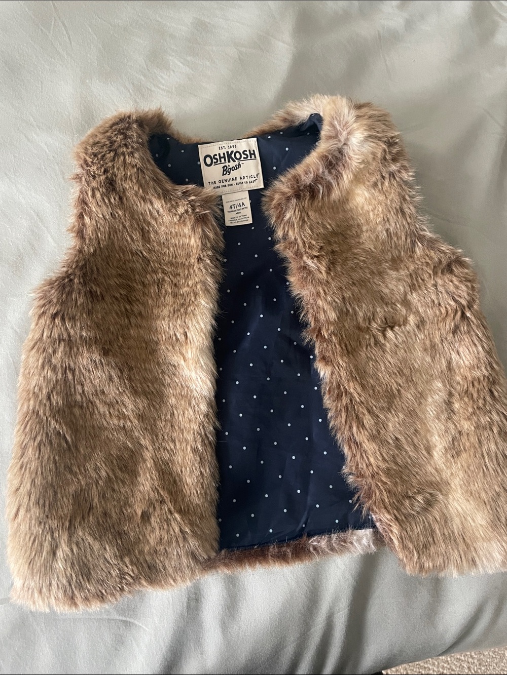 OshKosh B'gosh Brown Faux Fur Vest with Navy Polka-Dot Lining